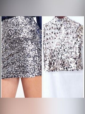 NWT DKNY Silver Sequin coord set mini skirt and top